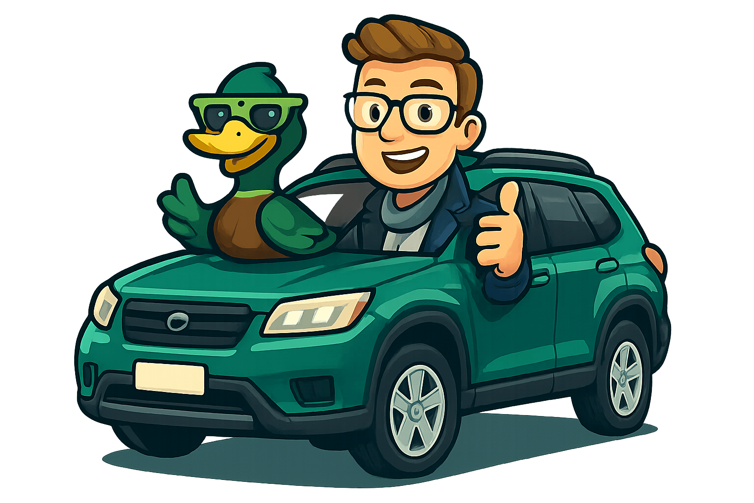 A friendly duck in sunglasses and a smiling Aussie beside a teal car