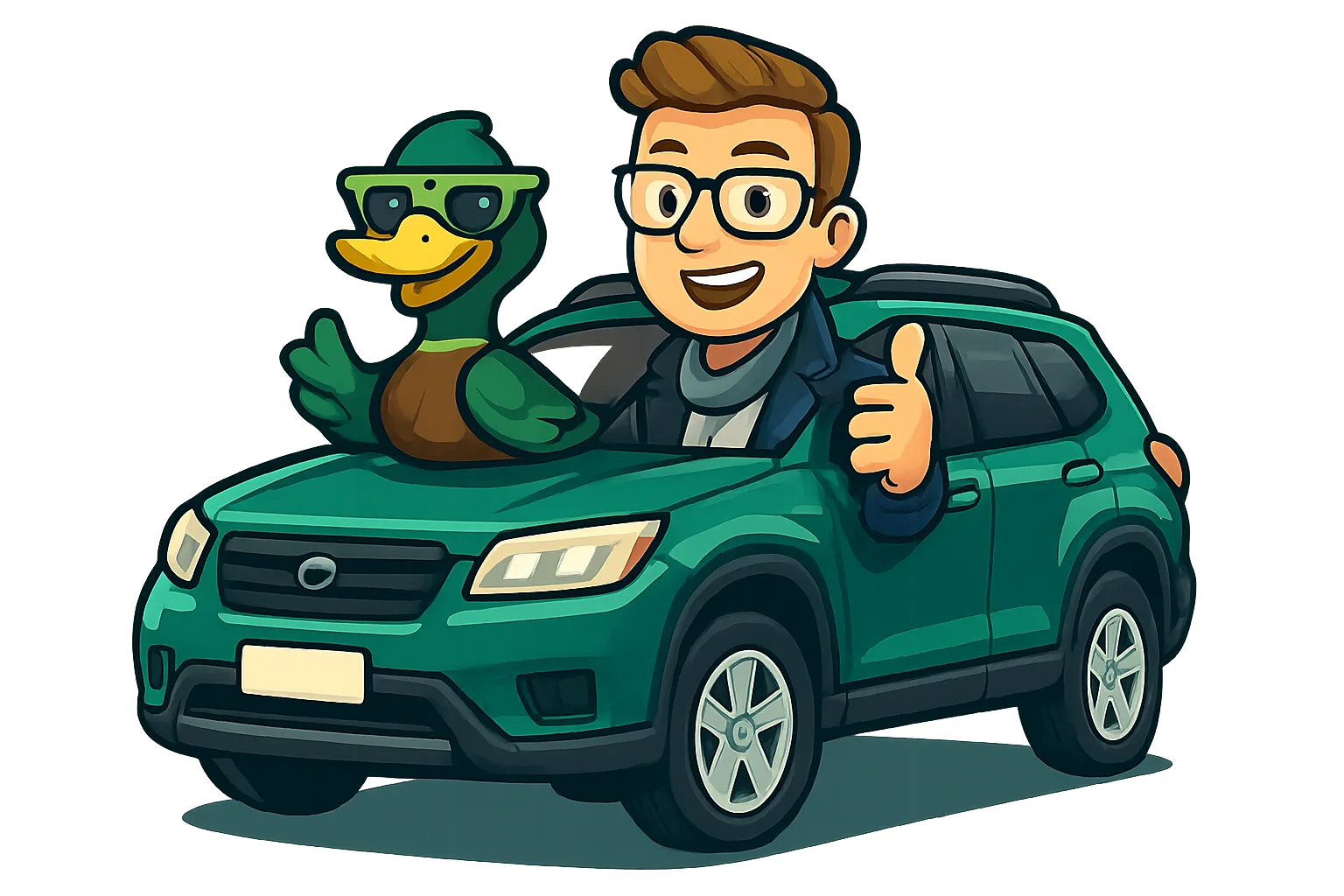 A friendly duck in sunglasses and a smiling Aussie beside a teal car